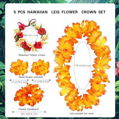 5 PCS Hawaiian Leis Flower Crown Set - Leis for Luau Party Tropical Orange Red Flower Crowns for Women Hawaiian Leis for Adults Flower Headband Summer Beach Hawaiian Party Decorations Accessories