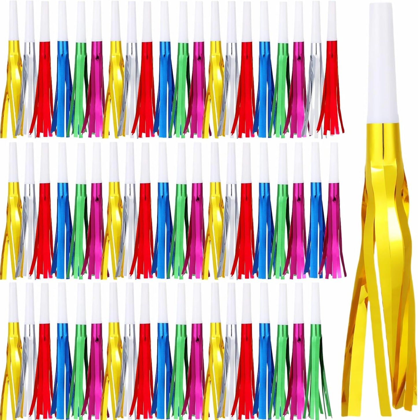 Noise Makers Party Horns, 60 Pack, Purple Metallic Glitter with Fringe, for Birthday, Wedding, New Year