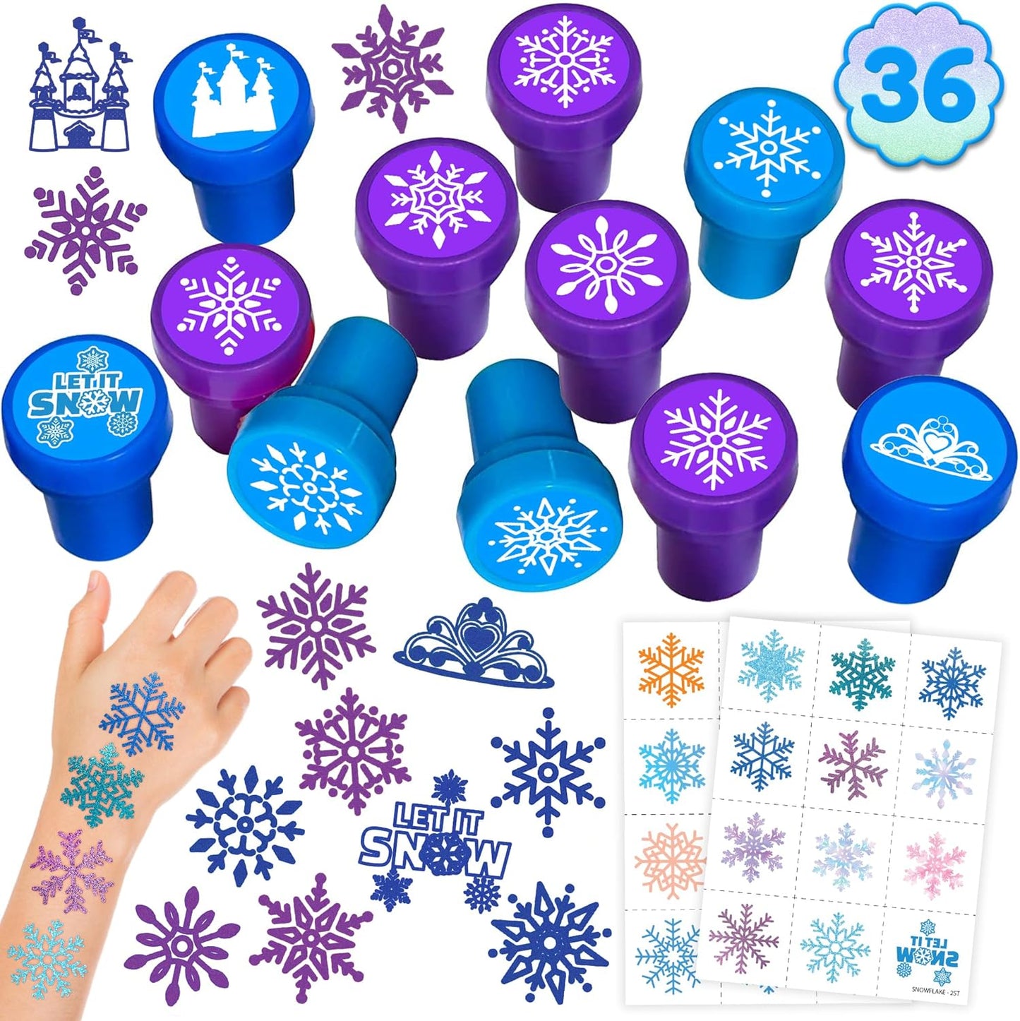 36PCS Snowflake Party Favors - 24PCS Temporary Tattoos & 12PCS Stamps - Ideal Winter Themed Birthday Card Decorations Supplies Goodie Bag Cute Rewards for Boys Girls Classroom Gifts Baby Shower Prizes