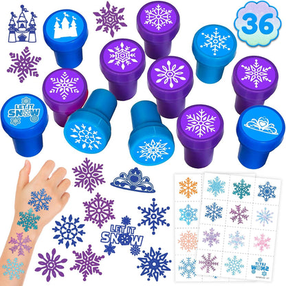 36PCS Snowflake Party Favors - 24PCS Temporary Tattoos & 12PCS Stamps - Ideal Winter Themed Birthday Card Decorations Supplies Goodie Bag Cute Rewards for Boys Girls Classroom Gifts Baby Shower Prizes