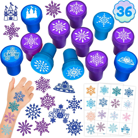 36PCS Snowflake Party Favors - 24PCS Temporary Tattoos & 12PCS Stamps - Ideal Winter Themed Birthday Card Decorations Supplies Goodie Bag Cute Rewards for Boys Girls Classroom Gifts Baby Shower Prizes
