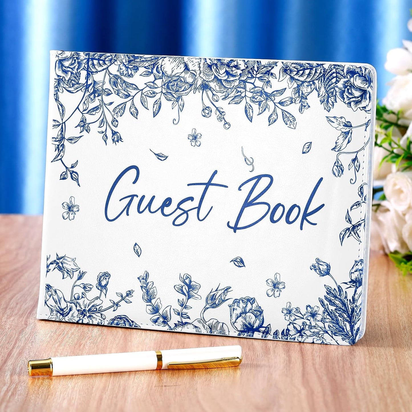 Panelee Wedding Guest Book with Pen Set Elegant Guest Sign in Books Bridal Shower Guestbook Beautiful Guest Book Wedding Reception Guestbook for Wedding (Flower, Blue)