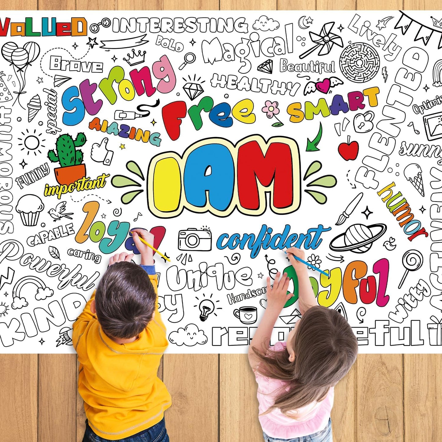 43.3x31.5 Summer Coloring Poster with Picture, Giant Cute Painting Poster, Large Coloring Tablecloth for Classroom Home Birthday Party Supplies Favor
