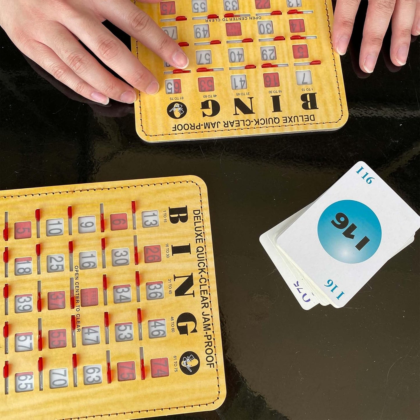 MR CHIPS Jam-Proof Bingo Cards with Sliding Windows, 25 Reusable Shutter Cards, 75 Calling Cards 1 Master Board in Tan Woodgrain Style