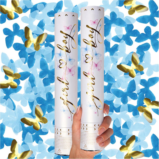 PrimePure Gender Reveal Confetti Cannon - Butterfly Shaped Confetti Poppers - Pink, 2 Pack - Baby Girl Gender Reveal Party Poppers Shooters - Pink Paper Butterflies Baby Shower Party Supplies Pop Gun