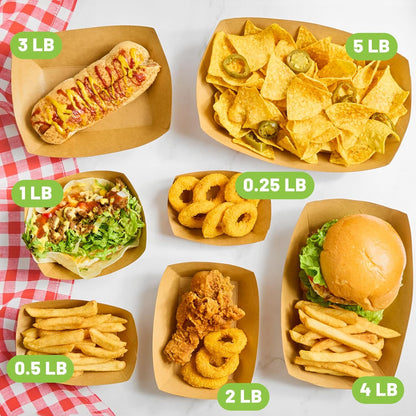 ZORRITA 3 Lb Paper Food Trays - 50 Pack Disposable Nacho Trays, Kraft Paper Food Boats Taco Holders Party Serving Baskets for Hot Dogs Snacks Tacos Fries