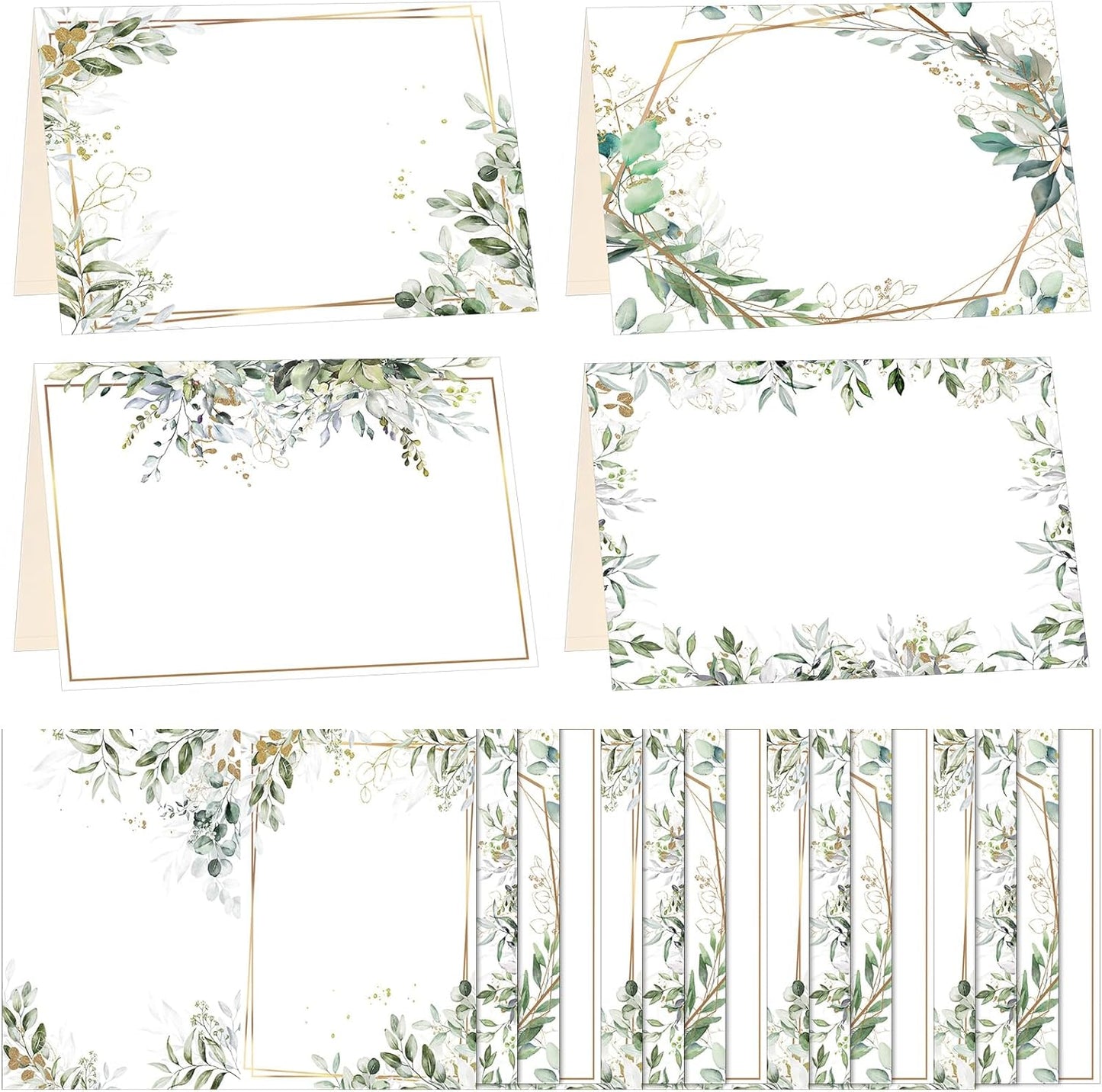 Honoson 48 Pcs Watercolor Greenery Place Cards for Table Setting 4.6 x 3 Inch Blank Fillable Seat Card Eucalyptus Tent Folding Name Card for Weddings, Parties, Banquets