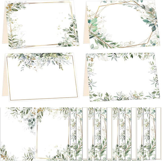 Honoson 48 Pcs Watercolor Greenery Place Cards for Table Setting 4.6 x 3 Inch Blank Fillable Seat Card Eucalyptus Tent Folding Name Card for Weddings, Parties, Banquets