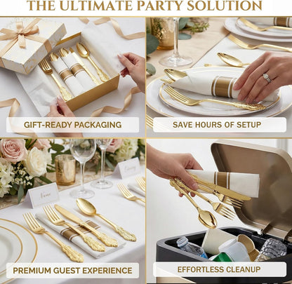 Liacere 100 Pack Silver Plastic Silverware-Pre Wrapped cutlery and Napkin-Pre Rolled Silverware Disposable 100 Forks, 100 Knives 100 Spoons, 100 Napkins Plastic Utensils＆Wedding