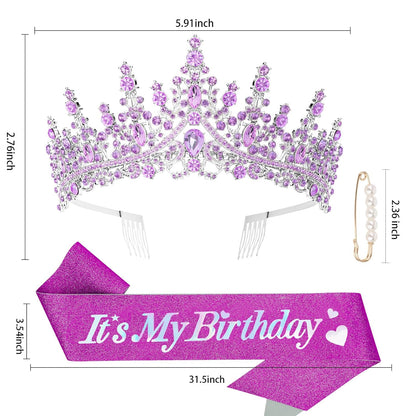 CURASA Birthday Tiara and Sash - Silver Birthday Crown for Women, Perfect for Parties and Celebrations