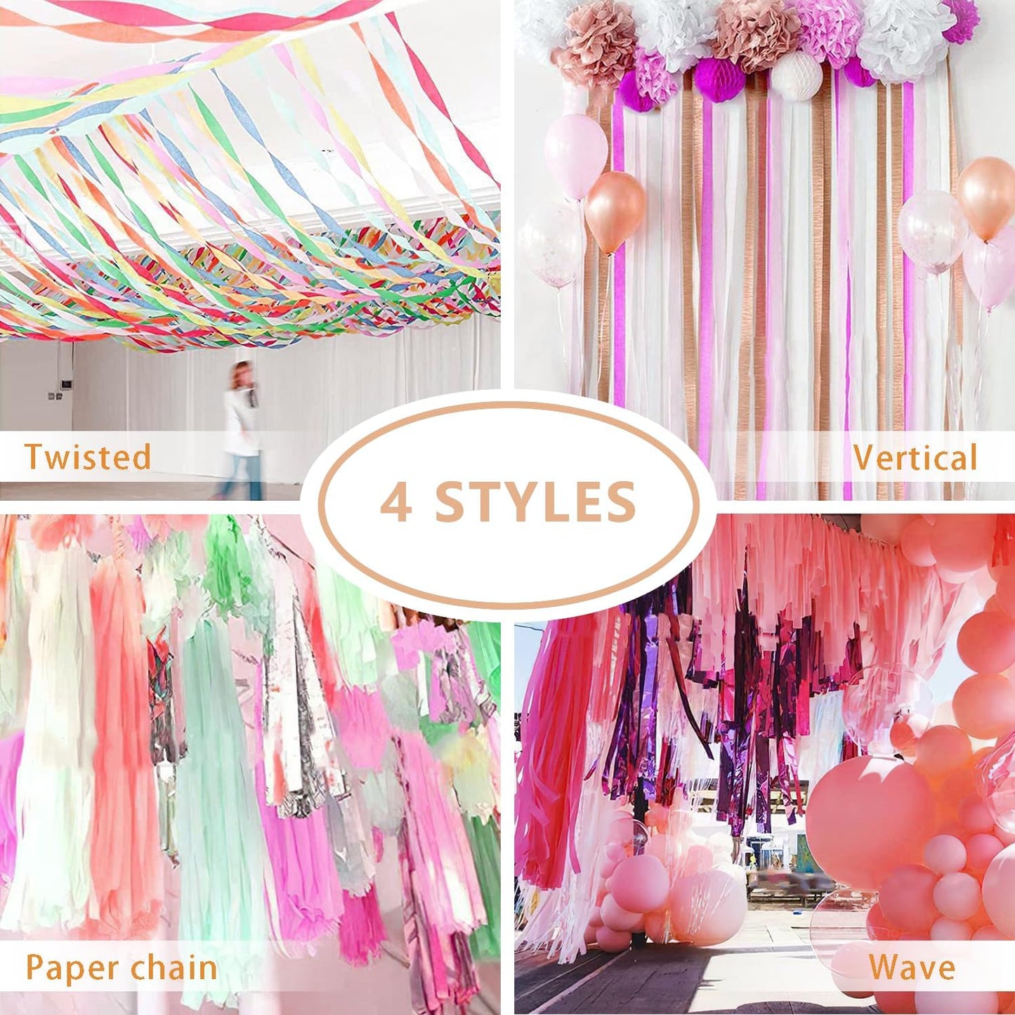 PIGETALE Crepe Paper Streamers 4 Rolls 328ft, Pack of Unique 3 Purple and White Party Streamer for Birthday Wedding Ceremony Baby Shower Party Decorations DIY Supplies Art Crafts (1.8Inch x 82Ft/Roll)