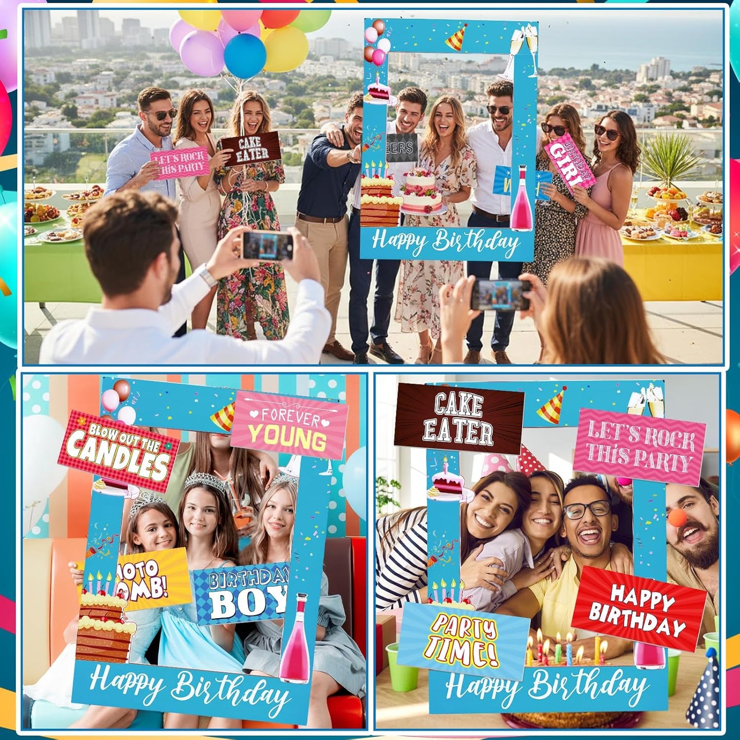 Amyhill 13 Designs Extra Large Birthday Photo Booth Props Include 32 x 24 Inch Photo Booth Props Picture Frame Double Sided Happy Birthday Party Decorations DIY Water Proof Selfie Signs Party Supplies