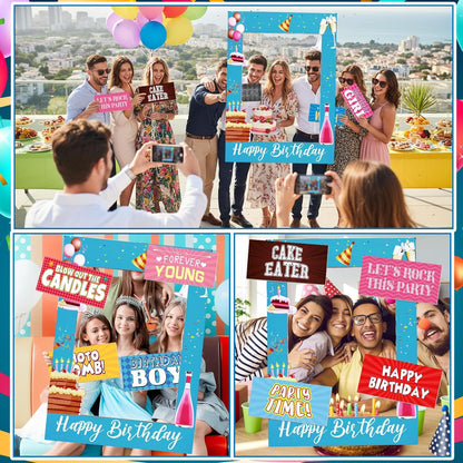 Amyhill 13 Designs Extra Large Birthday Photo Booth Props Include 32 x 24 Inch Photo Booth Props Picture Frame Double Sided Happy Birthday Party Decorations DIY Water Proof Selfie Signs Party Supplies