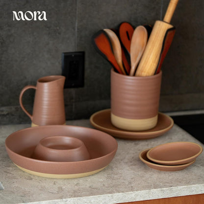 Mora Ceramic Chips and Dip Serving Tray: Large Divided Party Bowl Set for Chips & Salsa, Veggies & Dip, Fruit, Snacks, Entertaining, Hosting, etc. Minimalist Design for the Modern Hostess - White