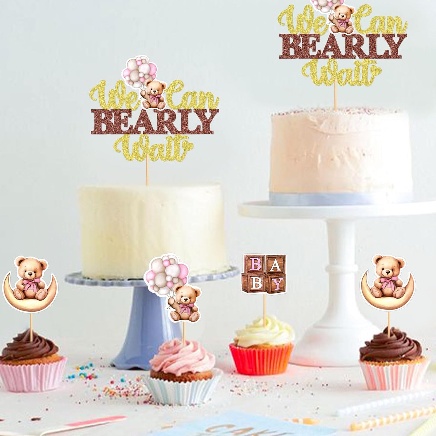 36Pcs Blue Baby Bear Cupcake Toppers Balloon Teddy Bears Cupcake Picks for Blue Baby Shower Gender Reveal Boys Bearly Birthday Cupcake Decorations We Can Bearly Wait Party Decorations Supplies