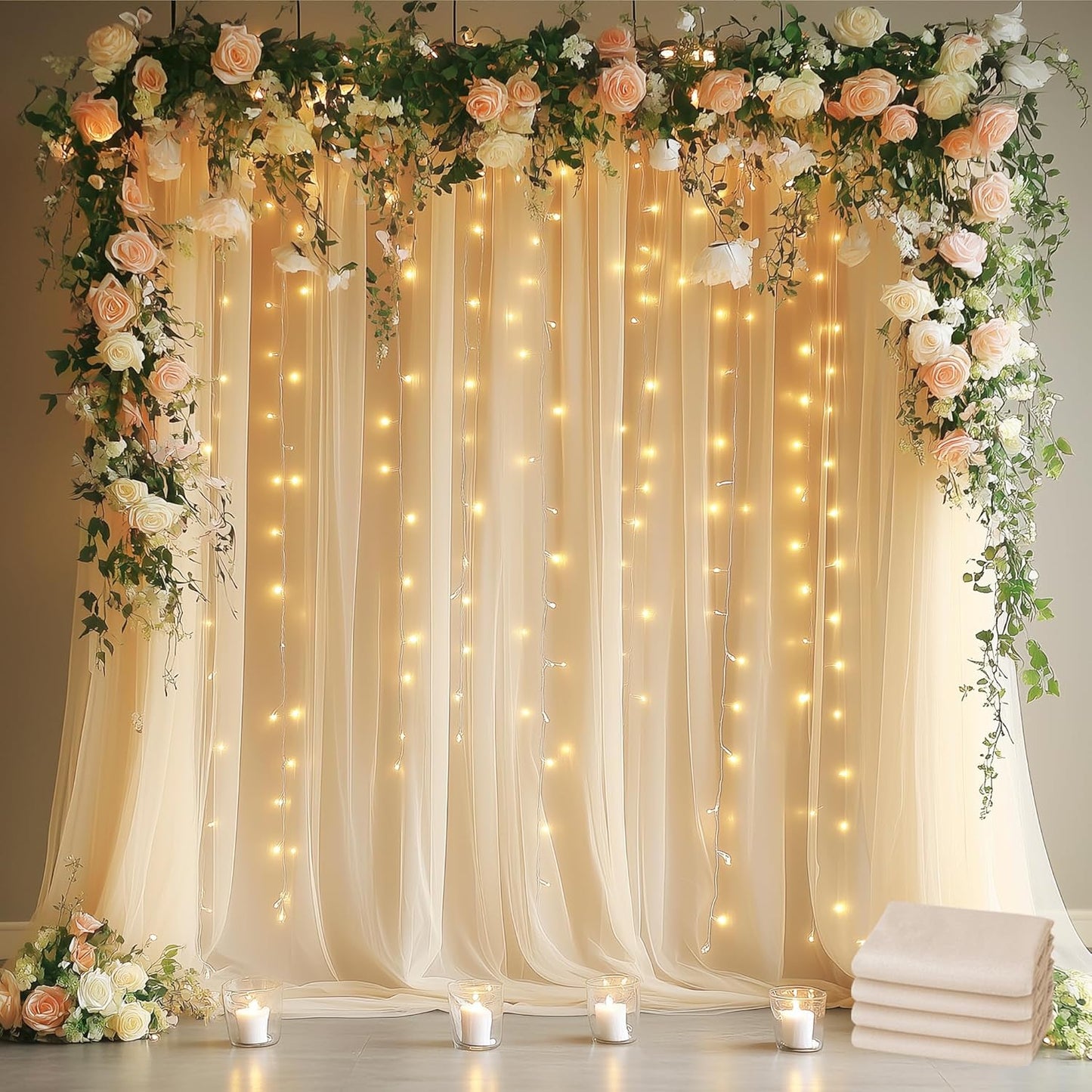 Fomcet Tulle Backdrop Curtains with Lights String White 10FT X 8FT Sheer Curtain with Lights Tulle Curtains Backdrop for Wedding Birthday Party Baby Shower Photo Shoot (2 Panels 5x8FT)
