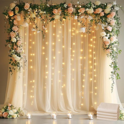 Fomcet Tulle Backdrop Curtains with Lights String White 10FT X 8FT Sheer Curtain with Lights Tulle Curtains Backdrop for Wedding Birthday Party Baby Shower Photo Shoot (2 Panels 5x8FT)