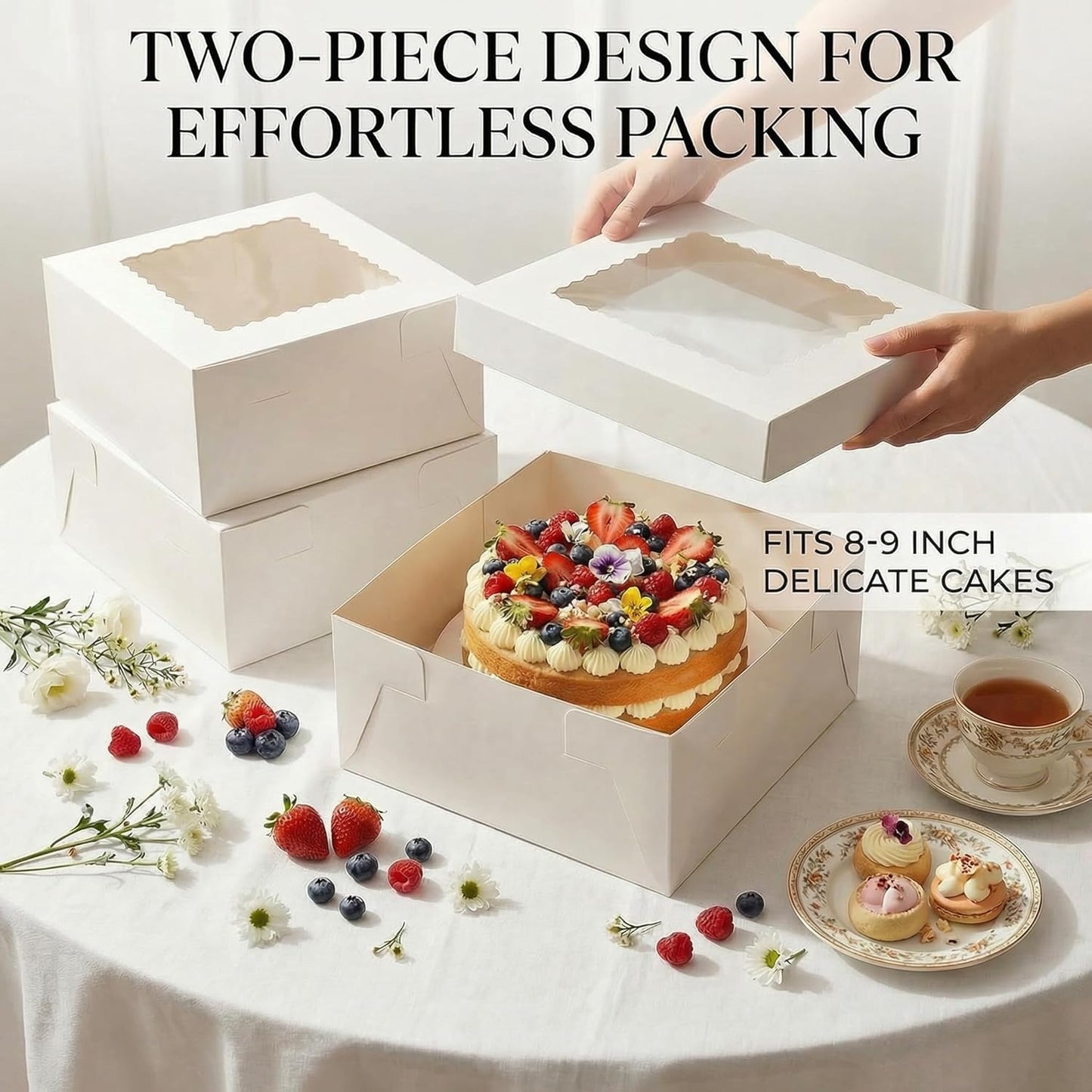 3 Pack 10x10x5 Inch White Cake Boxes with Window and Lids – Disposable Bakery Boxes for Cakes, Donuts, Pies, Cookies – No Cake Boards Included – Birthday, Wedding, Party Supplies