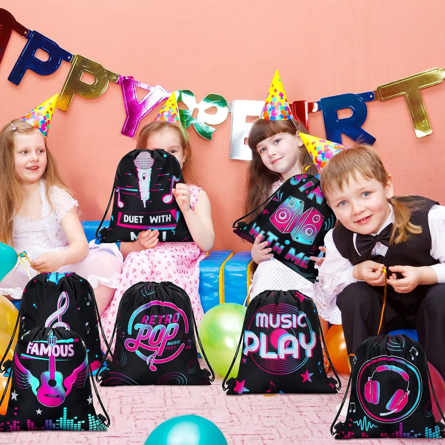 Funtery 32 Pcs Glow Party Drawstring Bags Glow Party Favors Neon Birthday Treat Bags for Teens Social Media Theme Gifts School Travel Supplies, 11.81 x 9.84 Inch