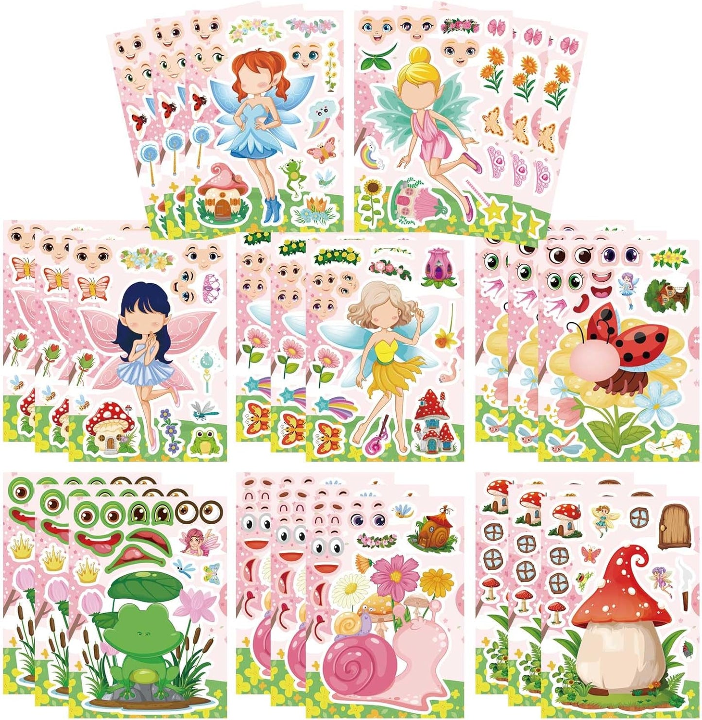 24 PCS Fairy Stickers for Kids, Make a Face Sticker with 8 Unique Designs Fairy, Frog, Mushroom, Make Your Own Stickers for Girls Birthday Party Favors, Goodie Bags, DIY Crafts