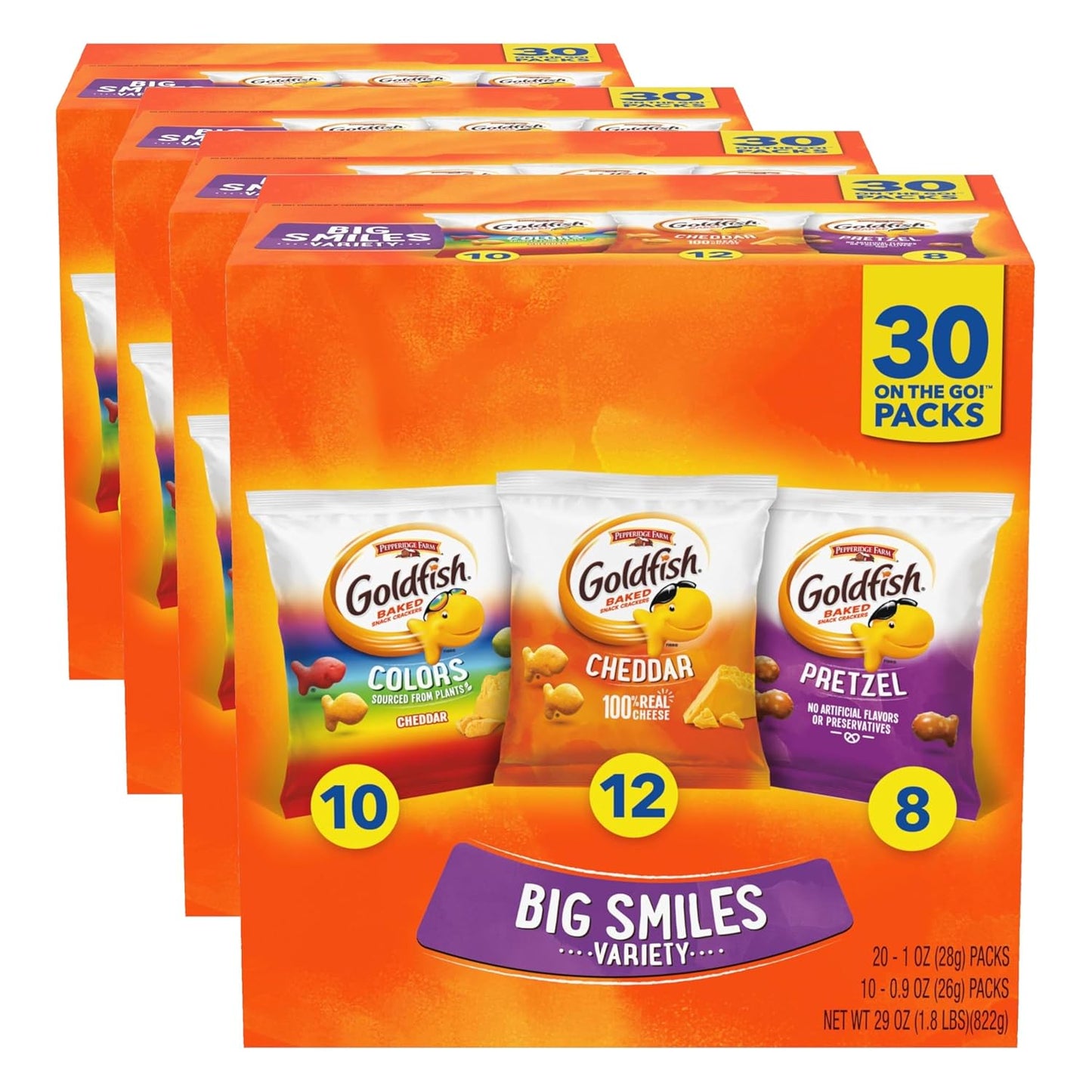 Goldfish Crackers Big Smiles Variety Pack with Cheddar, Colors, and Pretzels, Snack Packs, 30 Ct
