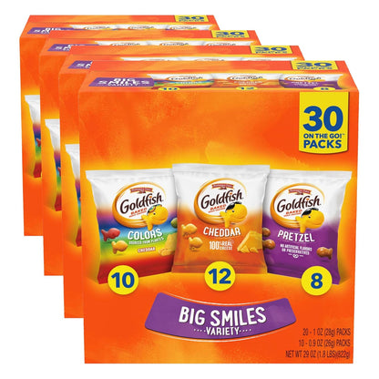 Goldfish Crackers Big Smiles Variety Pack with Cheddar, Colors, and Pretzels, Snack Packs, 30 Ct