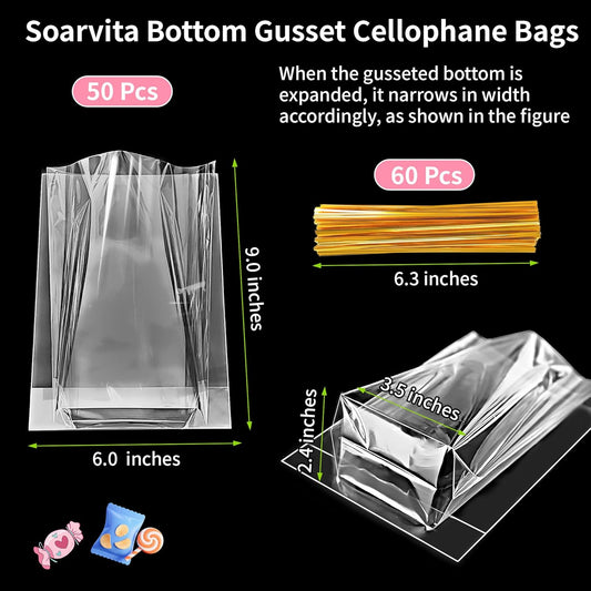 Soarvita 7x10 Inch Cellophane Treat Bags, 50 Pcs Clear Gift Bags with Bottom Gusset for Stand-Up Display, Cellophane Gift Wrap with 60 Gold Ties for Goodies, Treats, Candy, Party Favors, Toys