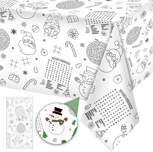 1 Pack Christmas Tablecloth Xmas Activity Paper Tablecloth Santa Claus Snowman Gnome Color-in Paper Disposable Tablecover for Kids Christmas Winter Holiday Birthday Party Decoration 54X108 Inch