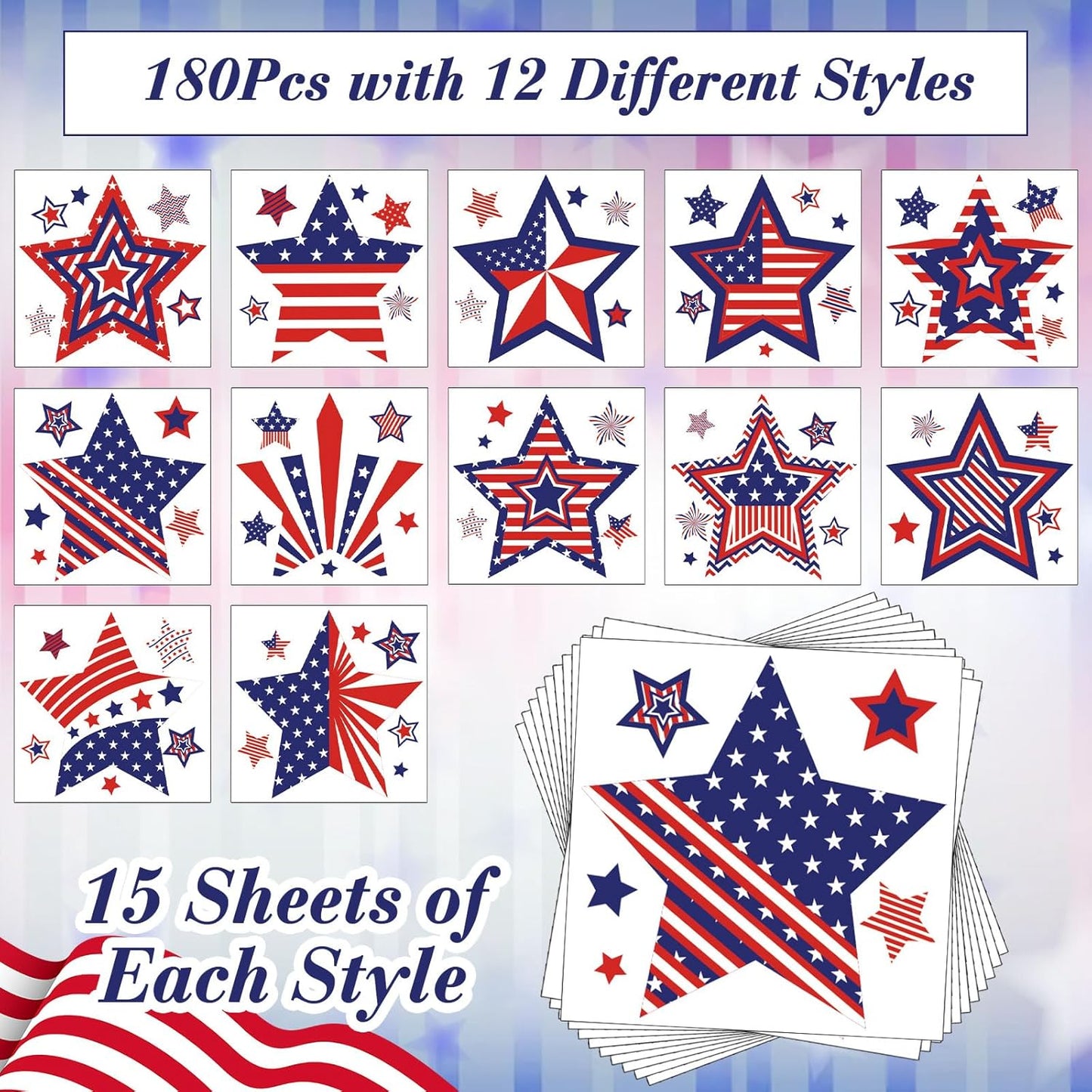 JUNEBRUSHS 4th of July Temporary Tattoos, 180 Pcs Patriotic Stars Tattoos Red White and Blue Party Decorations USA Independence Day Supply 12 Styles Safety Face Make up for Fourth of July Memorial Day