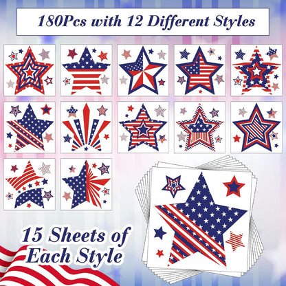 JUNEBRUSHS 4th of July Temporary Tattoos, 180 Pcs Patriotic Stars Tattoos Red White and Blue Party Decorations USA Independence Day Supply 12 Styles Safety Face Make up for Fourth of July Memorial Day