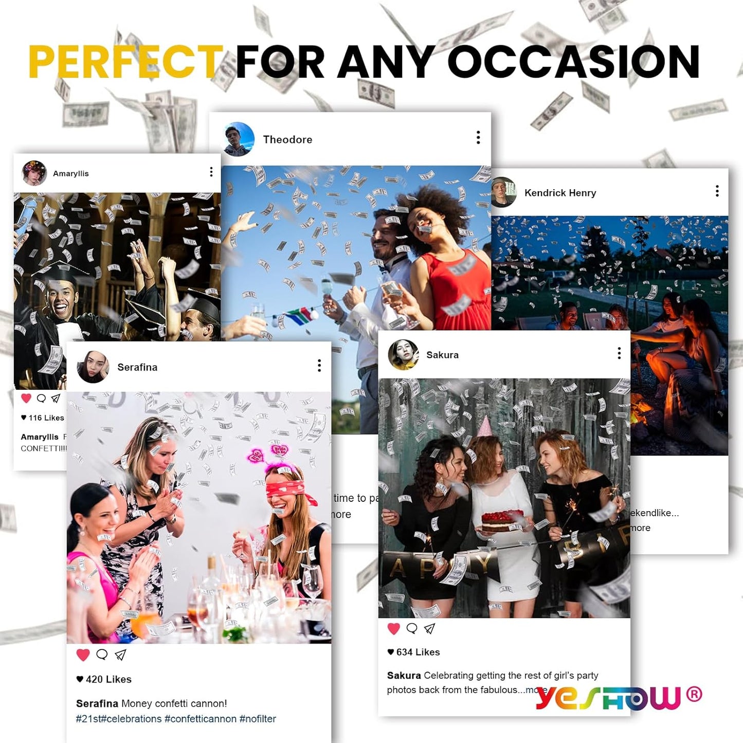 Money Confetti Gun, Biodegradable Confetti Cannon Party Poppers (6 Pack) – YESHOW Cash Cannon & Prop Money Blaster for Birthday, Graduation, New Year’s Eve, Christmas Party Supplies - 12 inch