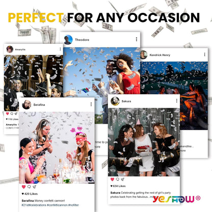 Money Confetti Gun, Biodegradable Confetti Cannon Party Poppers (6 Pack) – YESHOW Cash Cannon & Prop Money Blaster for Birthday, Graduation, New Year’s Eve, Christmas Party Supplies - 12 inch