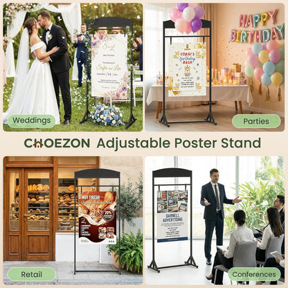 CHOEZON Wedding Welcome Sign Stand, Adjustable Wedding Sign Holder with 4 Leather Straps, 68"x31" Floorstanding Metal Poster Stand with Tripod Base, Display Stand for Wedding, Party, Black TCJ23BB