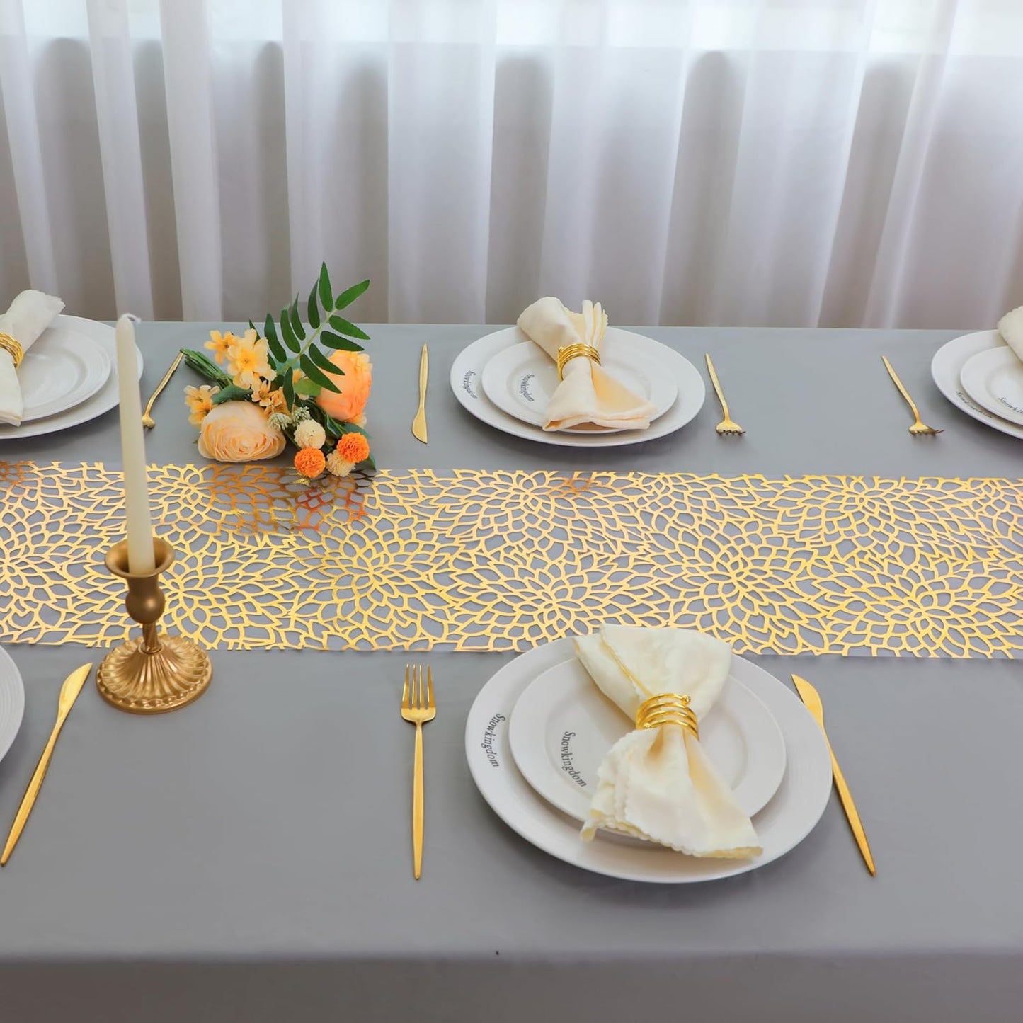 Snowkingdom 2 Pieces Gold Table Runner, Sequin Glitter Foil Metallic Thin Mesh Runner Roll 11"x108", Gold Table Decorations for Event Party, Wedding, Birthday Party, Christmas