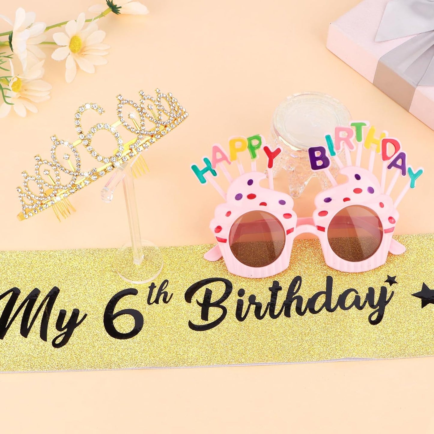 YARIEW 3rd Birthday Decorations, 3rd Glitter Purple Sash and Crown Kit with Happy Birthday Sunglasses, Tiara Princess Crown and Sash Party Outfit Accessory