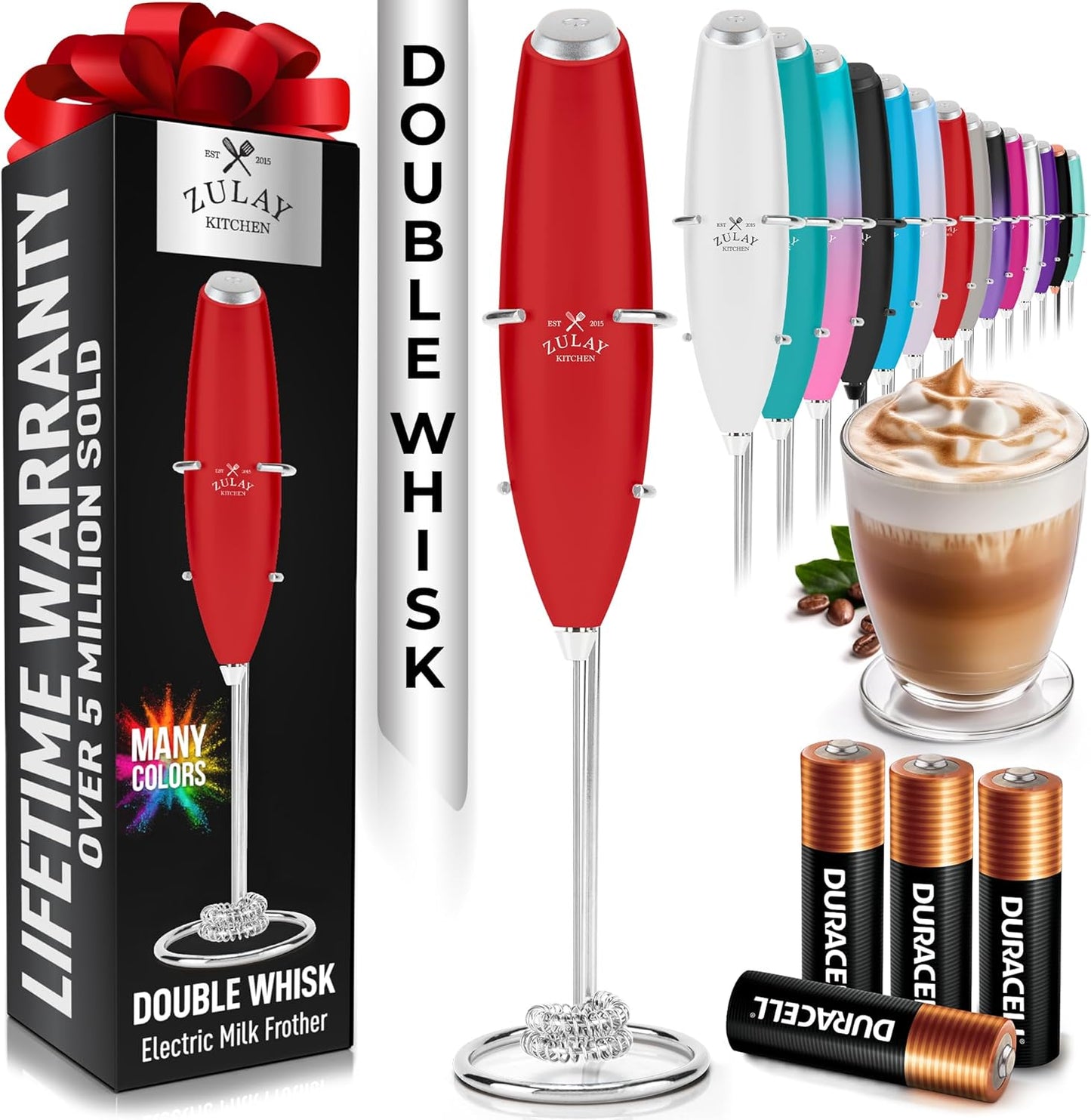 Zulay Kitchen Powerful Milk Frother Wand With Duracell Batteries - Ultra Fast Handheld Drink Mixer - Electric Whisk Foam Maker for Coffee, Lattes, Cappuccino & Matcha - Z1 Motor - Black - Colors C