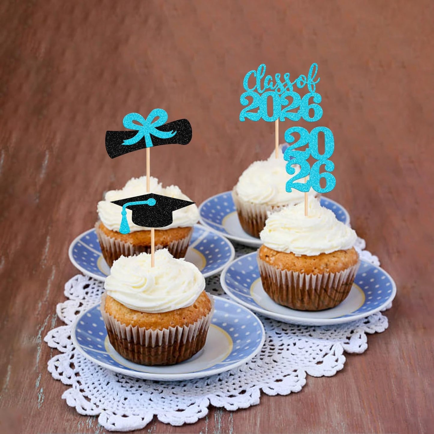 36 PCS 2026 Graduation Theme Cupcake Toppers Glitter Class of 2026 Grad Cap Diploma Cupcake Picks 2026 Graduation Theme Party Cake Decorations Supplies Deep Blue