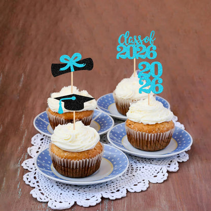 36 PCS 2026 Graduation Theme Cupcake Toppers Glitter Class of 2026 Grad Cap Diploma Cupcake Picks 2026 Graduation Theme Party Cake Decorations Supplies Deep Blue