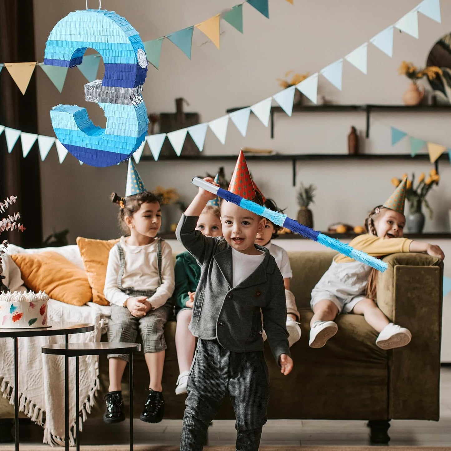 PCFING 20 Inch Number 3 Piñata Blue Silver with 30 Inch Piñata Stick Blindfold Confetti for Boys Girls Adults Birthday Party Decorations, Anniversary Celebration, Fiesta