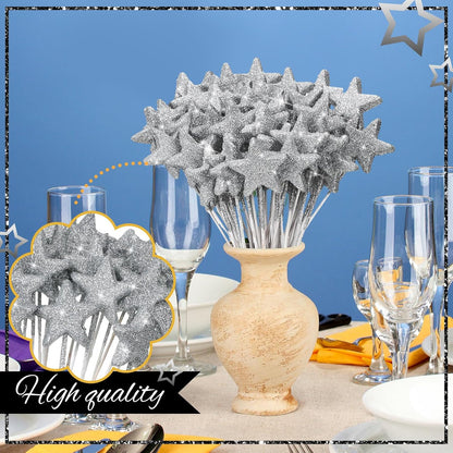 Suzile 60 Pcs Golden Star Floral Pick 8'' Star Centerpiece Table Decor Gold Glitter Craft Stick Sparkly Foam Stem for Floral Arrangement Wreath Wedding Bridal Baby Shower Birthday Stars Arrangement
