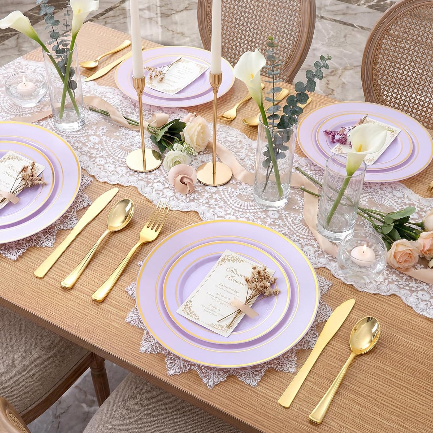350 Pieces Black and Gold Plastic Plates with Disposable Silverware, Include 50 Dinner Plates 9”, 50 Dessert Plates 6.3”, 50 Black Cups 9 OZ, 50 Pre Rolled Napkins for Wedding Party Graduation