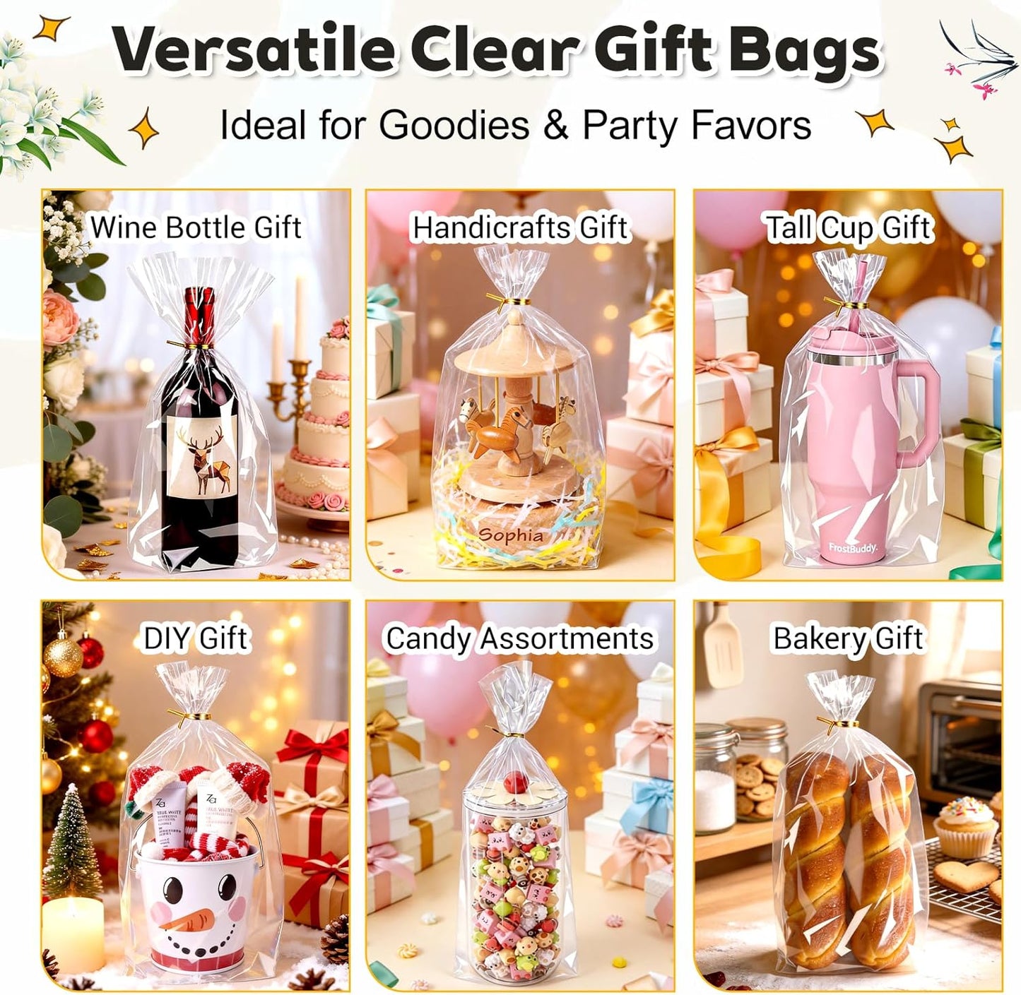 PigPotParty Cellophane Treat Bags 6x9 Inch, 50 Pack Clear Goodie Bags with Bottom Gusset for Stand-Up Display, Small Plastic Gift Wrap for Cookies, Candy, Party Favors, Popcorn, Includes 50 Gold Ties