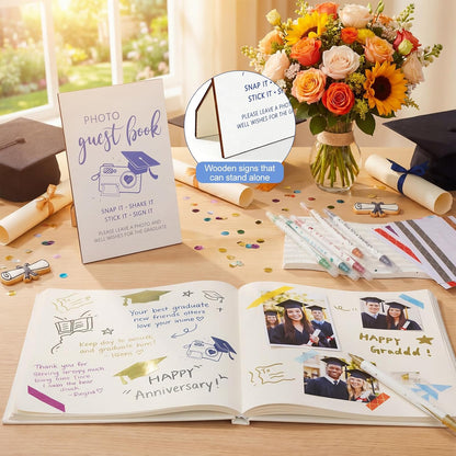 Pajean Graduation Guest Book Set Class of 2026 Memory Scrapbook with Photo Guest Book Sign Dual Tip Pens Photo Corner Stickers Grad Cap Stickers for Grad Party Decorations Supplies Gifts (Black)