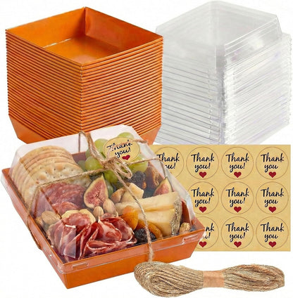 Leafiew 50 Pack Small Charcuterie Boxes with Clear Lids - To Go Paper Mini Charcuterie Box, Disposable Food Containers, 5Inch Dessert Boxes - Sandwich, Cookie, Sushi, Cake Slice, Strawberries (Brown)