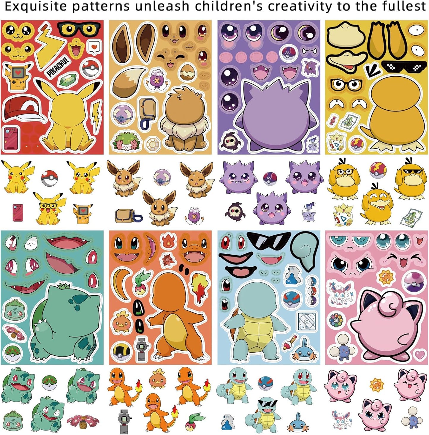 24 Sheets Cool Monster Sticker Cute Cartoon Charaters Make Your Own Sticker, Make a Face Stickers Party Favors Activities Gifts (c)
