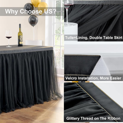 72inch Champagne Gold Tulle Table Skirts for Rectangle Round Tables, Gold Grim Ruffle Tulle Tutu Cloth Table Skirt 6ft for Wedding Birthday Party Cake Dessert Decor(No Top Cover)