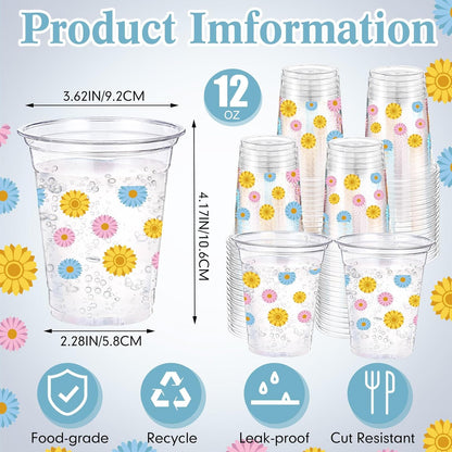 Hushee 60 Pcs Purple Floral Cups with Spring Summer Flower 16 oz Wildflowers Plastic Disposable Drinking Cups for Summer Spring Birthday Baby Shower Wedding Party Supplies