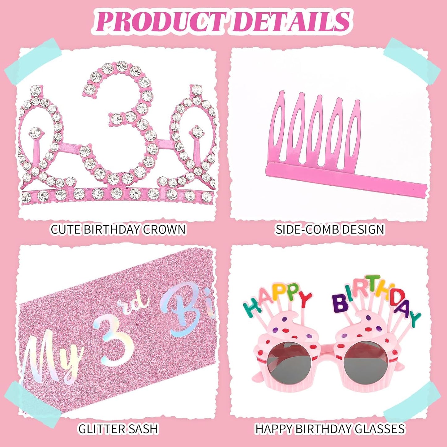 YARIEW 3rd Birthday Decorations, 3rd Glitter Purple Sash and Crown Kit with Happy Birthday Sunglasses, Tiara Princess Crown and Sash Party Outfit Accessory