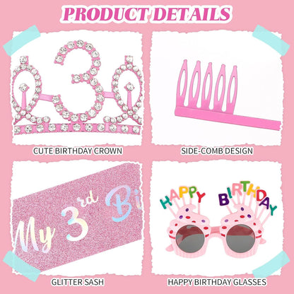 YARIEW 3rd Birthday Decorations, 3rd Glitter Purple Sash and Crown Kit with Happy Birthday Sunglasses, Tiara Princess Crown and Sash Party Outfit Accessory
