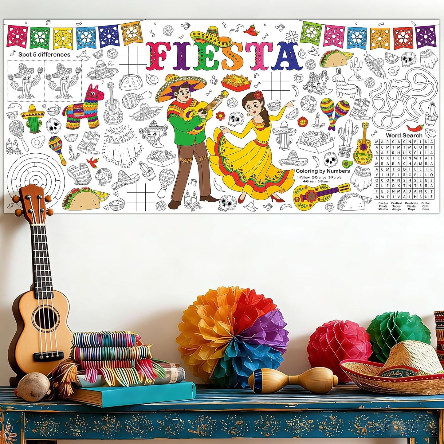 Mexican Fiesta Giant Coloring Poster Large Fiesta Coloring Tablecloth DIY Mexican-Themed Game Poster Drawing Banner Table Cover Art Craft for School Home Classroom Party Activity Supplies